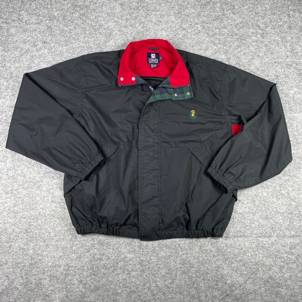 VTG Chaps Ralph Lauren Jacket Mens XL Black Red Full Zip Tartan Made In Russia